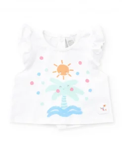 Ensemble de bain pour fille avec t-shirt blanc de palmier et culotte rose à volants