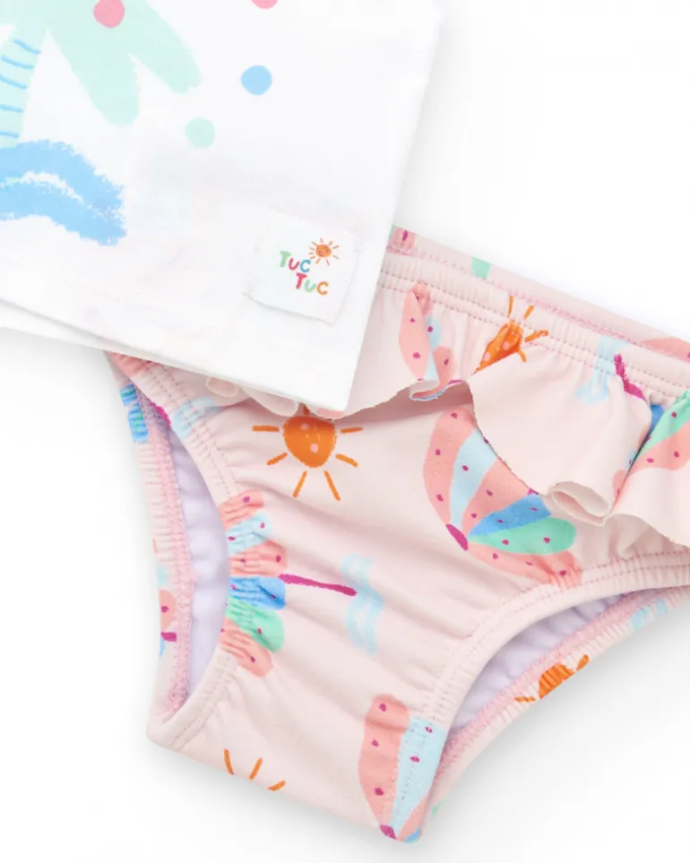 Ensemble de bain pour fille avec t-shirt blanc de palmier et culotte rose à volants