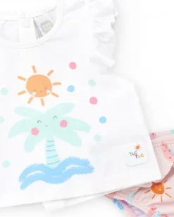 Ensemble de bain pour fille avec t-shirt blanc de palmier et culotte rose à volants