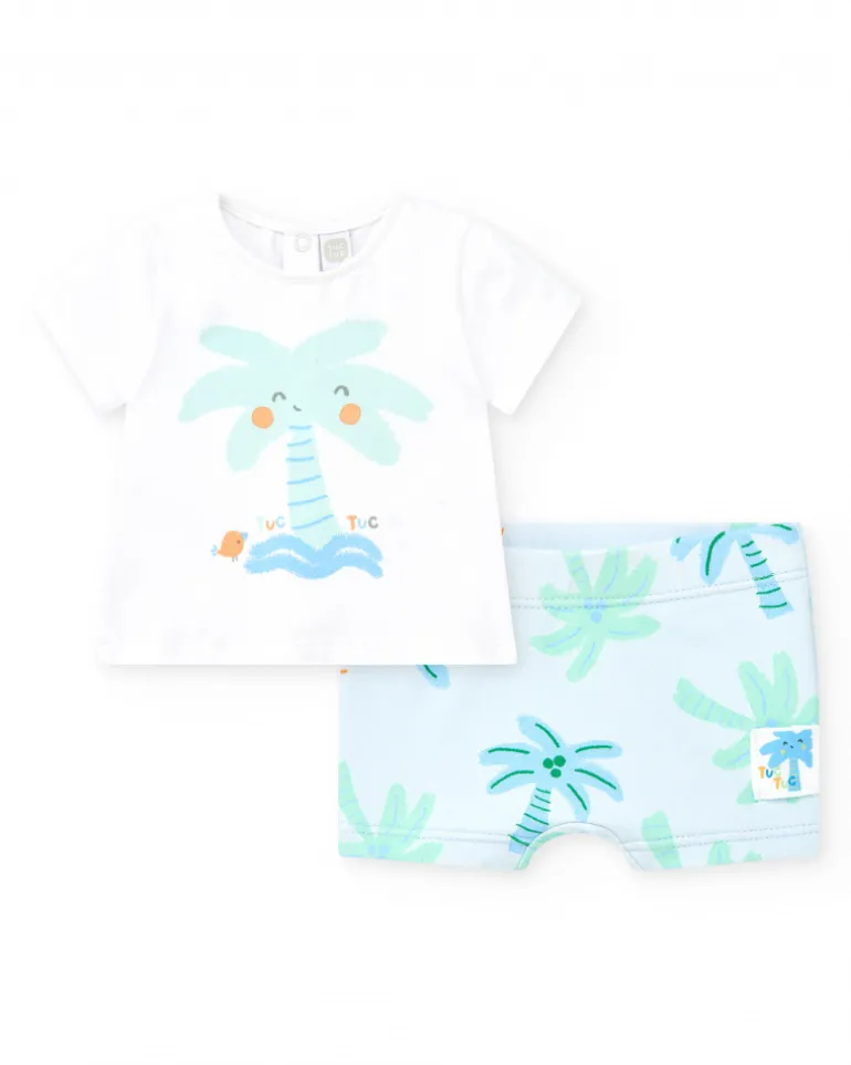 Ensemble de bain pour garçon avec t-shirt blanc de palmier et pantalon bleu à imprimé tropical