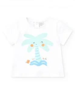 Ensemble de bain pour garçon avec t-shirt blanc de palmier et pantalon bleu à imprimé tropical
