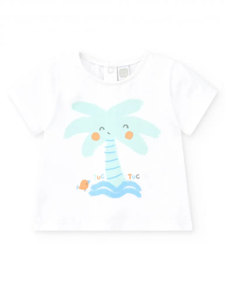 Ensemble de bain pour garçon avec t-shirt blanc de palmier et pantalon bleu à imprimé tropical