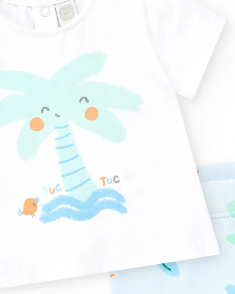 Ensemble de bain pour garçon avec t-shirt blanc de palmier et pantalon bleu à imprimé tropical
