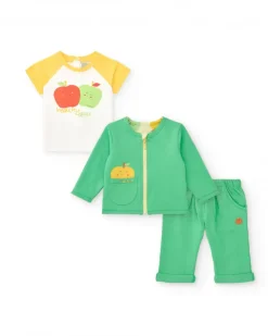 Ensemble en polaire pour garçon avec t-shirt de pommes, pantalon vert et veste à fermeture éclair