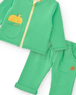 Ensemble en polaire pour garçon avec t-shirt de pommes, pantalon vert et veste à fermeture éclair