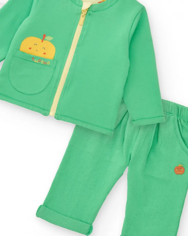 Ensemble en polaire pour garçon avec t-shirt de pommes, pantalon vert et veste à fermeture éclair