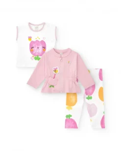 Ensemble en tricot pour fille de trois pièces en blanc et rose avec imprimé