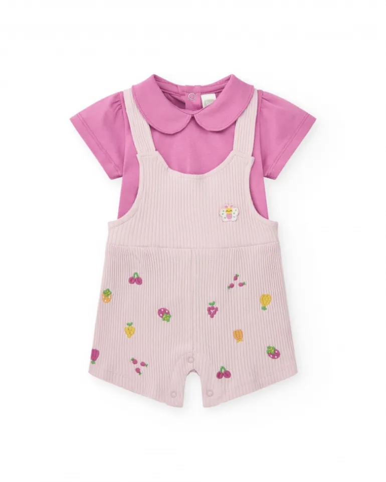 Ensemble en tricot pour fille avec salopette côtelée lilas imprimée de fruits