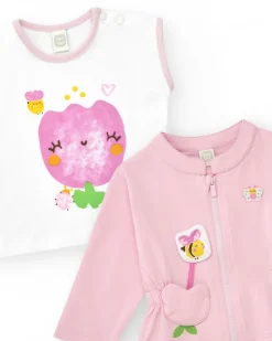 Ensemble en tricot pour fille de trois pièces en blanc et rose avec imprimé
