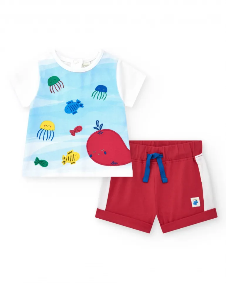 Ensemble en tricot pour garçon avec t-shirt blanc et shorts rouges avec détails blancs