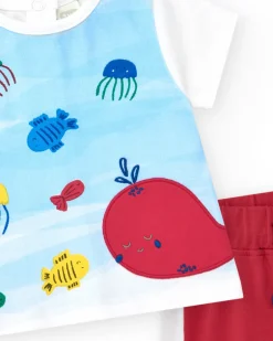 Ensemble en tricot pour garçon avec t-shirt blanc et shorts rouges avec détails blancs