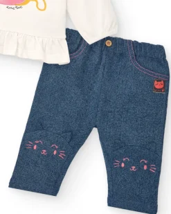 Ensemble fille crème et bleu imprimé chatons, collection Lovely Kittens