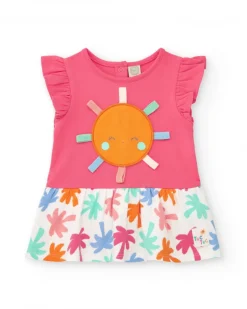 Ensemble fuchsia pour fille avec robe d'été et culotte imprimée tropicale