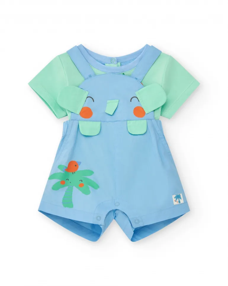 Ensemble plat pour garçon avec salopette d'éléphant et palmier et t-shirt vert