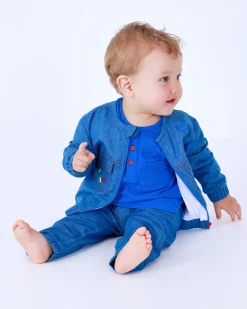 Ensemble plat pour garçon avec chemise bleue à manches courtes et pantalon en jean avec broderie de baleine