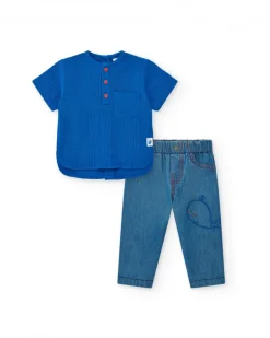 Ensemble plat pour garçon avec chemise bleue à manches courtes et pantalon en jean avec broderie de baleine