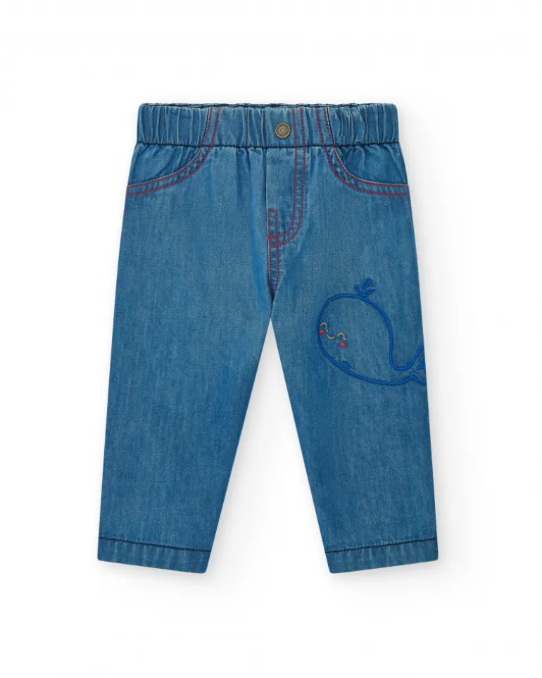 Ensemble plat pour garçon avec chemise bleue à manches courtes et pantalon en jean avec broderie de baleine