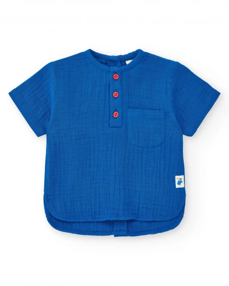 Ensemble plat pour garçon avec chemise bleue à manches courtes et pantalon en jean avec broderie de baleine