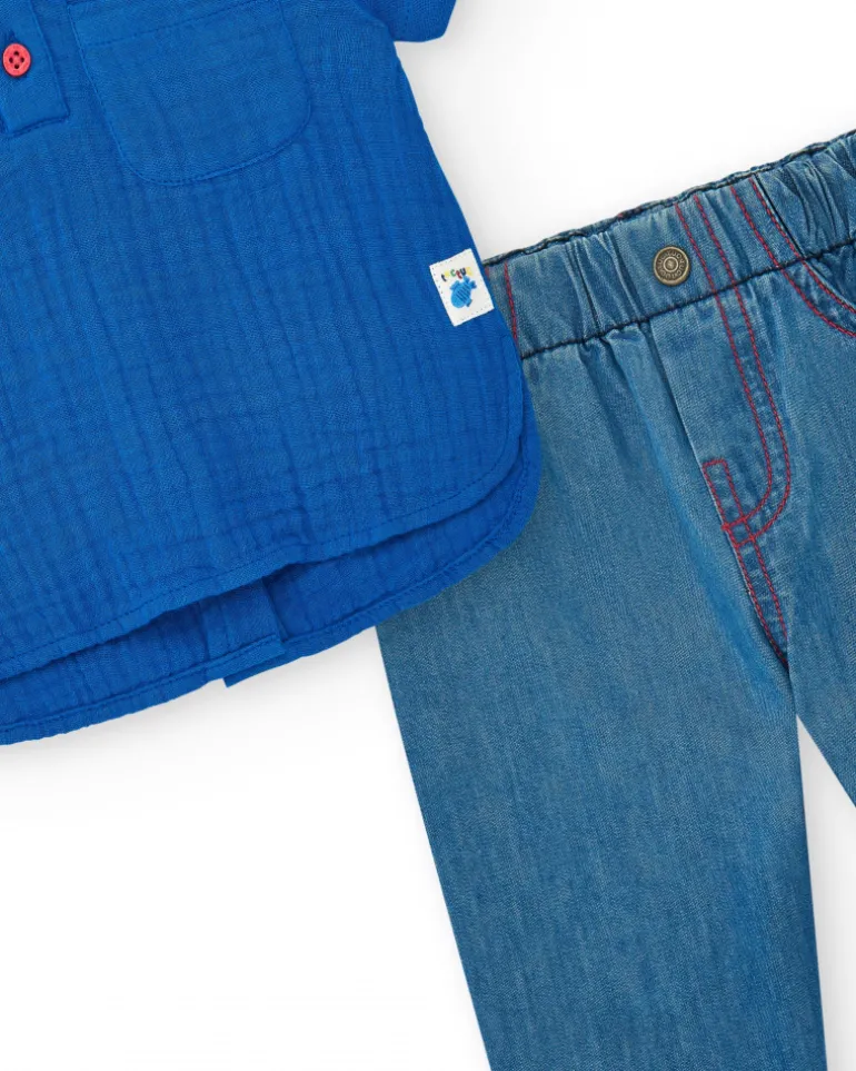 Ensemble plat pour garçon avec chemise bleue à manches courtes et pantalon en jean avec broderie de baleine