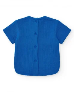 Ensemble plat pour garçon avec chemise bleue à manches courtes et pantalon en jean avec broderie de baleine