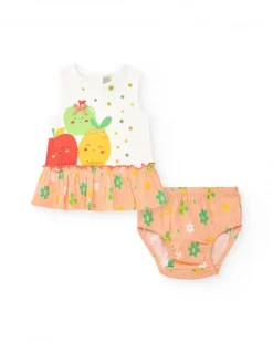 Ensemble pour fille avec blouse saumon et culotte jaune avec broderies