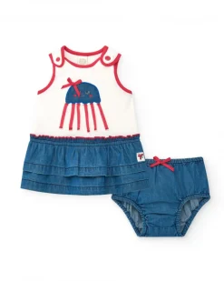 Ensemble pour fille avec t-shirt blanc de méduse et jupe en denim à volants