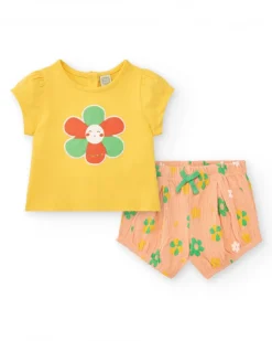 Ensemble pour fille avec t-shirt jaune et pantalon court rose à fleurs