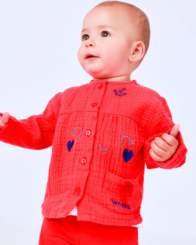Ensemble pour fille avec t-shirt de méduses, leggings rouges et veste brodée