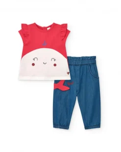 Ensemble pour fille avec t-shirt rouge de baleine et pantalon en denim avec broderie