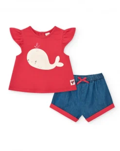 Ensemble pour fille avec t-shirt rouge de baleine et pantalon en jean bleu