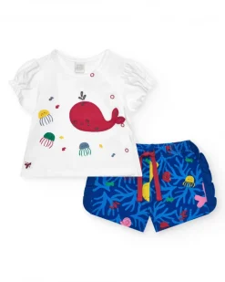 Ensemble pour fille avec t-shirt blanc de baleine et pantalon bleu marine