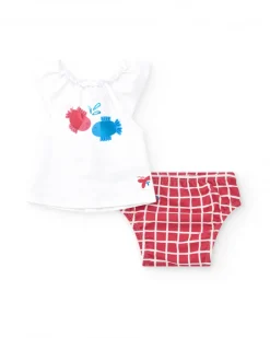 Ensemble pour fille avec blouse blanche à poissons et culotte rouge à carreaux