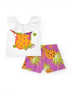 Ensemble pour fille avec t-shirt blanc d'ananas et short violet fruité