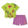 Ensemble pour fille avec t-shirt vert perroquets et short lilas