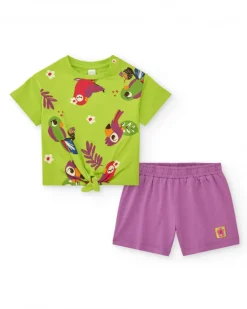 Ensemble pour fille avec t-shirt vert perroquets et short lilas