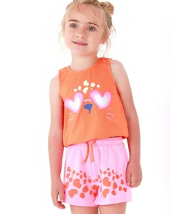 Ensemble pour fille avec t-shirt orange d’animal et short rose tacheté
