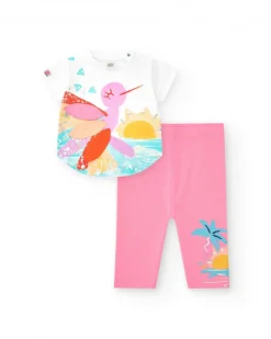 Ensemble pour fille avec t-shirt blanc de colibri et leggings cyclistes roses