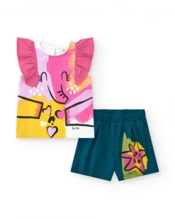 Ensemble pour fille avec t-shirt éléphant et short bleu