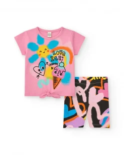 Ensemble pour fille avec t-shirt rose de glace et leggings courts multicolores