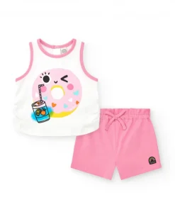 Ensemble pour fille avec t-shirt blanc et short rose avec nœud