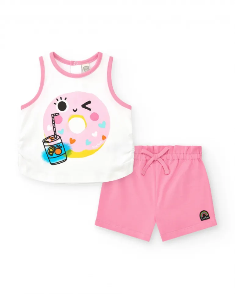 Ensemble pour fille avec t-shirt blanc et short rose avec nœud