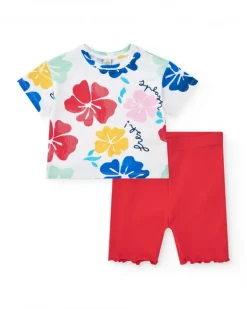 Ensemble pour fille avec t-shirt fleuri et legging rouge