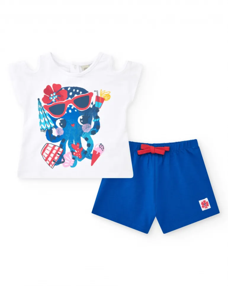 Ensemble pour fille avec t-shirt de pieuvre et short bleu avec nœud rouge