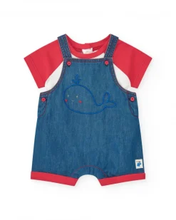 Ensemble pour fille avec salopette en jean brodée de baleine et t-shirt rouge