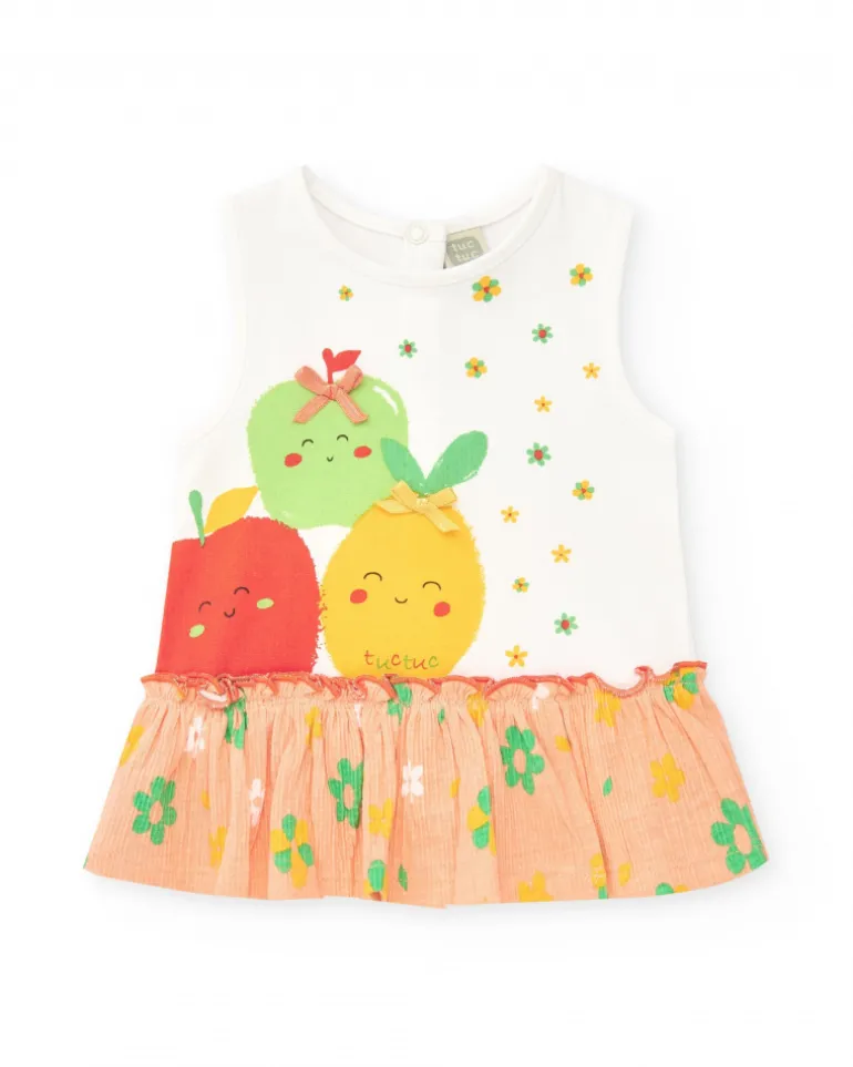 Ensemble pour fille avec blouse saumon et culotte jaune avec broderies