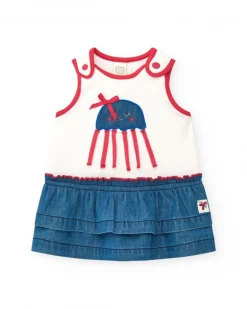 Ensemble pour fille avec t-shirt blanc de méduse et jupe en denim à volants