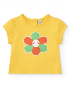 Ensemble pour fille avec t-shirt jaune et pantalon court rose à fleurs