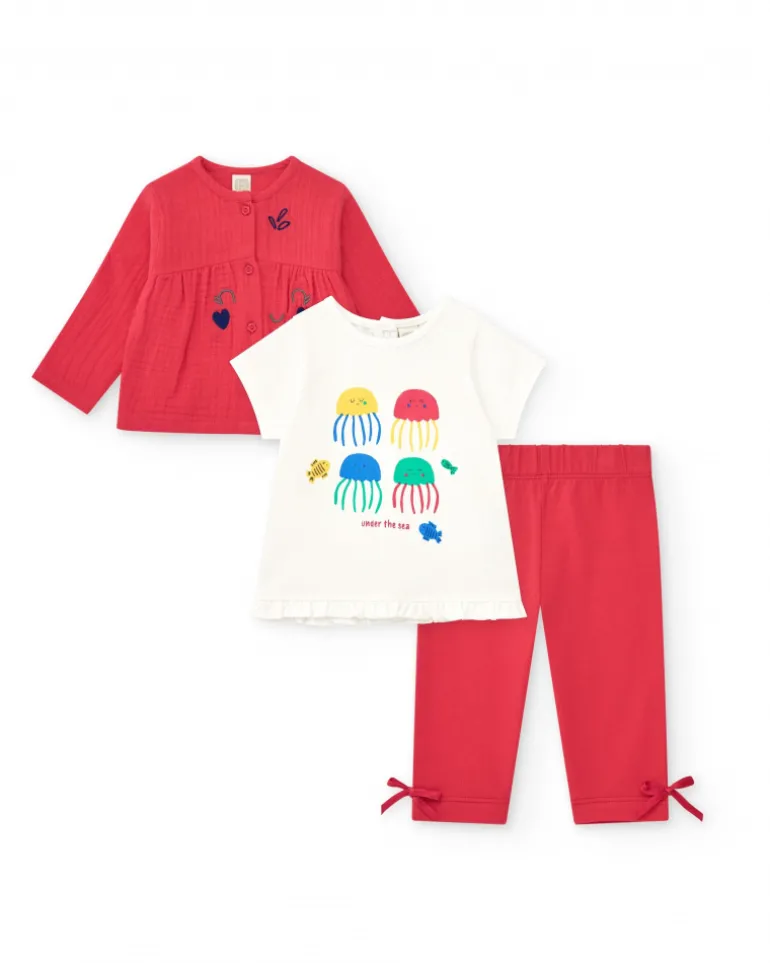 Ensemble pour fille avec t-shirt de méduses, leggings rouges et veste brodée