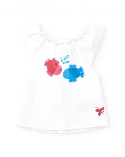 Ensemble pour fille avec blouse blanche à poissons et culotte rouge à carreaux