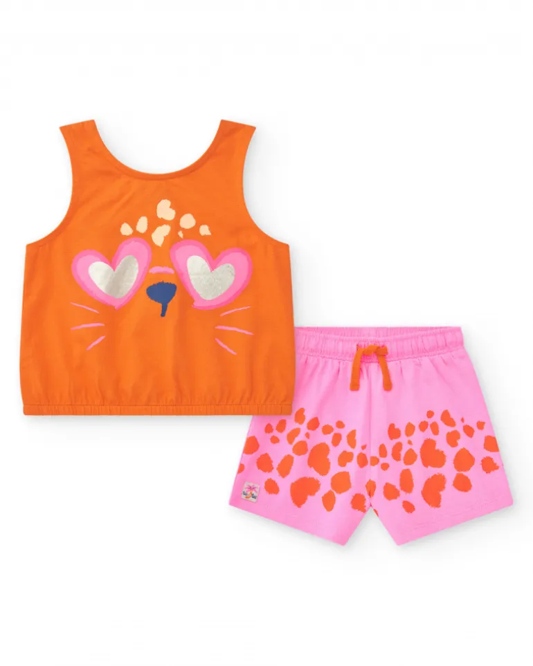 Ensemble pour fille avec t-shirt orange d’animal et short rose tacheté